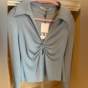 NWT Zara blue glitter sparkly keyhole front blouse retro party metallic Y2k L